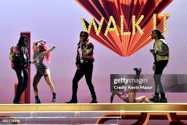 Offset, Takeoff, and Quavo of Migos perform onstage at the 2018 BET Awards at Microsoft Theater on June 24, 2018 in Los Angeles, California.