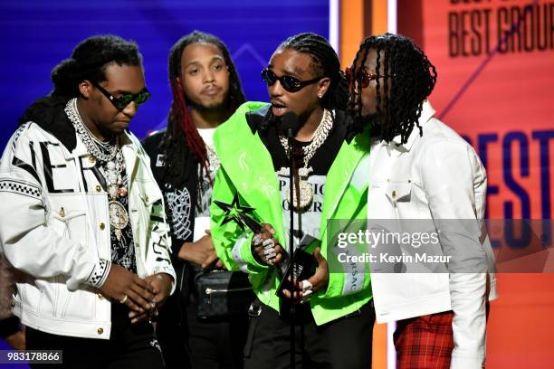 Takeoff, Quavo, and Offset of Migos accept the Best Duo/Group award onstage at the 2018 BET Awards at Microsoft Theater on June 24, 2018 in Los...