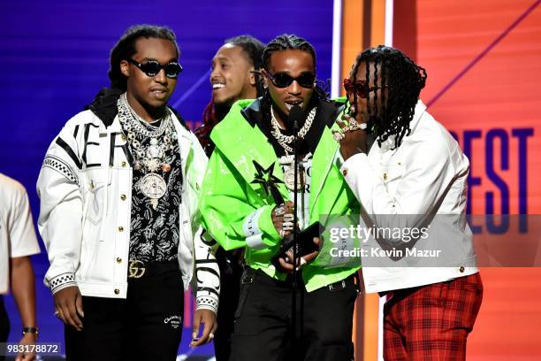 Takeoff, Quavo, and Offset of Migos accept the Best Duo/Group award onstage at the 2018 BET Awards at Microsoft Theater on June 24, 2018 in Los...