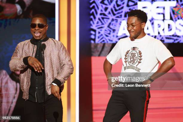 Jason Mitchell and Jacob Latimore speak onstage at the 2018 BET Awards at Microsoft Theater on June 24, 2018 in Los Angeles, California.