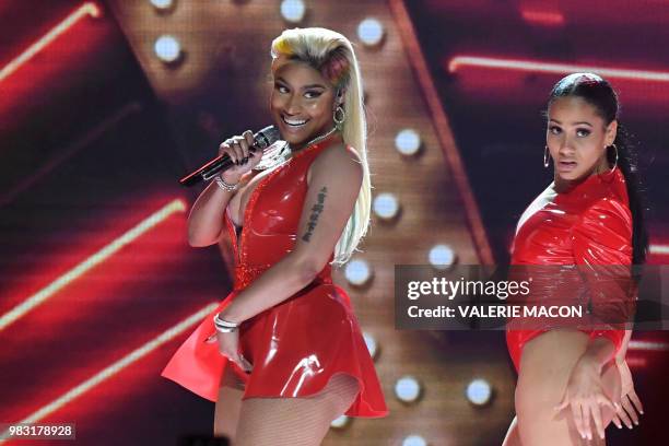 Trinidadian rapper Nicki Minaj performs onstage during the BET Awards at Microsoft Theatre in Los Angeles, California, on June 24, 2018.