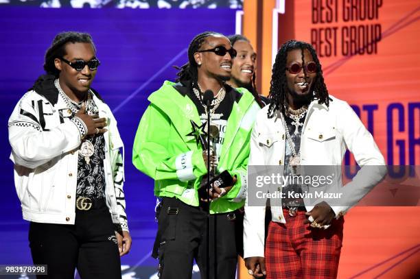 Takeoff, Quavo, and Offset of Migos accept the Best Duo/Group award onstage at the 2018 BET Awards at Microsoft Theater on June 24, 2018 in Los...