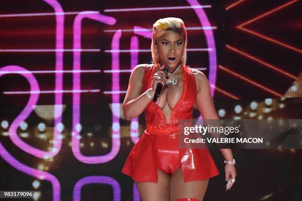 Trinidadian rapper Nicki Minaj performs onstage during the BET Awards at Microsoft Theatre in Los Angeles, California, on June 24, 2018.