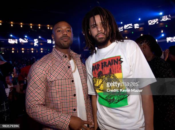 Michael B. Jordan and J. Cole attend the 2018 BET Awards at Microsoft Theater on June 24, 2018 in Los Angeles, California.