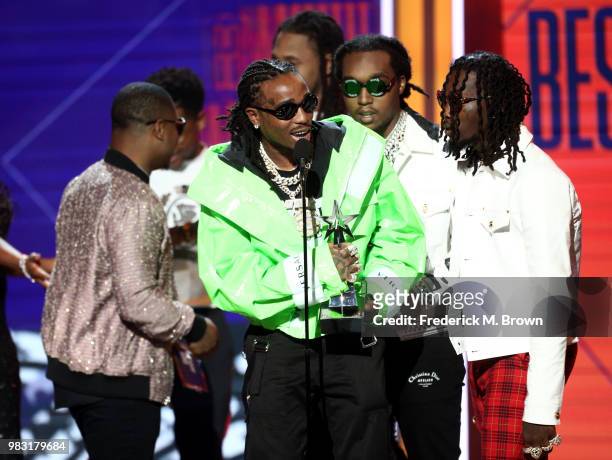 Quavo, Takeoff and Offset of Migos accept Best Duo/Group onstage at the 2018 BET Awards at Microsoft Theater on June 24, 2018 in Los Angeles,...