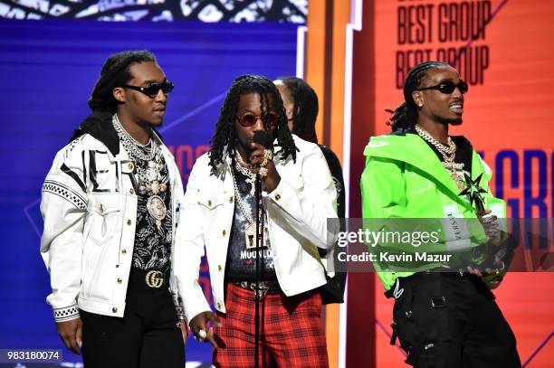 Takeoff, Quavo, and Offset of Migos accept the Best Duo/Group award onstage at the 2018 BET Awards at Microsoft Theater on June 24, 2018 in Los...