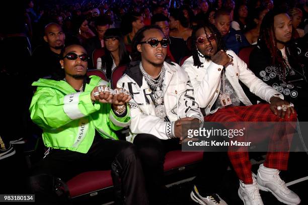 Quavo, Takeoff, and Offset of Migos onstage at the 2018 BET Awards at Microsoft Theater on June 24, 2018 in Los Angeles, California.