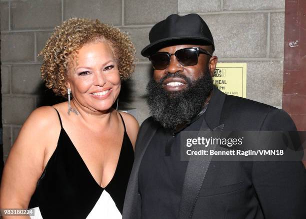 Former BET executive Debra L. Lee and Black Thought are seen backstage at the 2018 BET Awards at Microsoft Theater on June 24, 2018 in Los Angeles,...