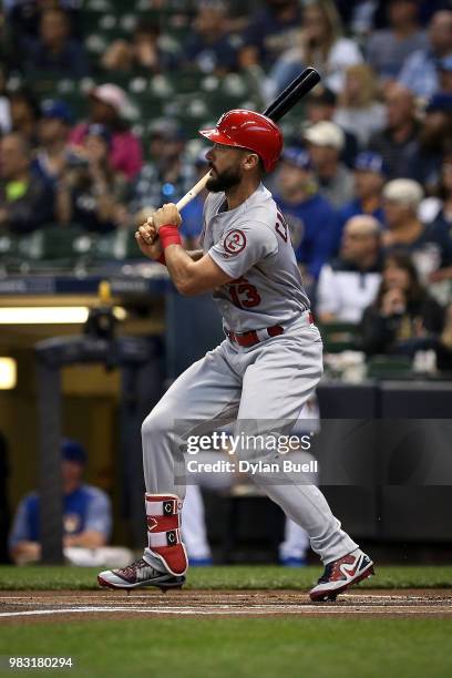 Matt Carpenter of the St. Louis Cardinals hits a double in the first inning against the Milwaukee Brewers at Miller Park on June 22, 2018 in...