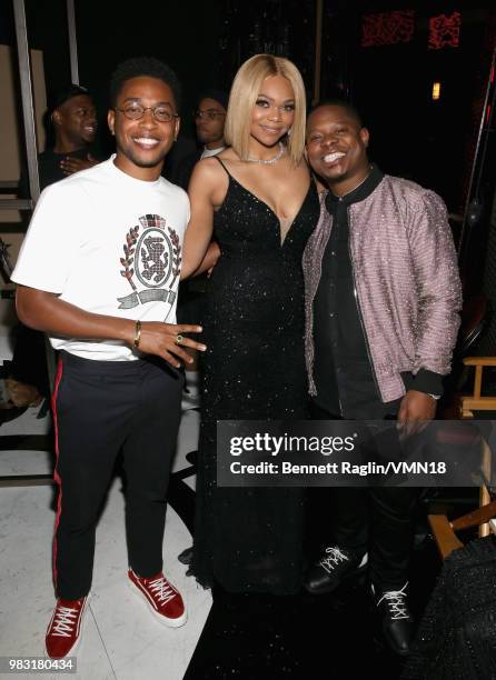 Jacob Latimore, T. Lee Montgomery and Jason Mitchell are seen backstage at the 2018 BET Awards at Microsoft Theater on June 24, 2018 in Los Angeles,...