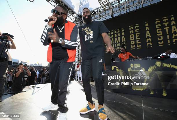 Rick Ross and James Harden onstage at "Imma Be a Star" Block Party at Audubon Middle School on June 24, 2018 in Los Angeles, California.