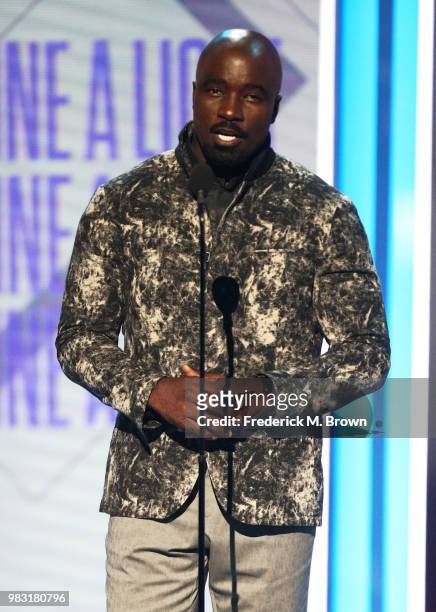 Mike Colter speaks onstage at the 2018 BET Awards at Microsoft Theater on June 24, 2018 in Los Angeles, California.