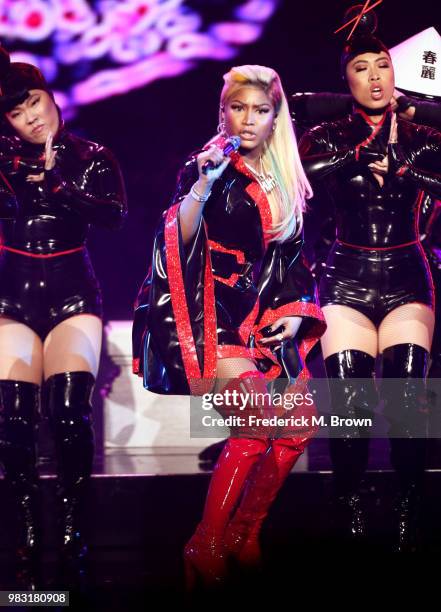 Nicki Minaj performs onstage at the 2018 BET Awards at Microsoft Theater on June 24, 2018 in Los Angeles, California.