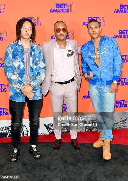 Domani Harris, T.I. And Messiah Ya' Majesty Harris pose in the press room at the 2018 BET Awards at Microsoft Theater on June 24, 2018 in Los...