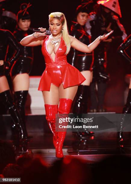 Nicki Minaj performs onstage at the 2018 BET Awards at Microsoft Theater on June 24, 2018 in Los Angeles, California.