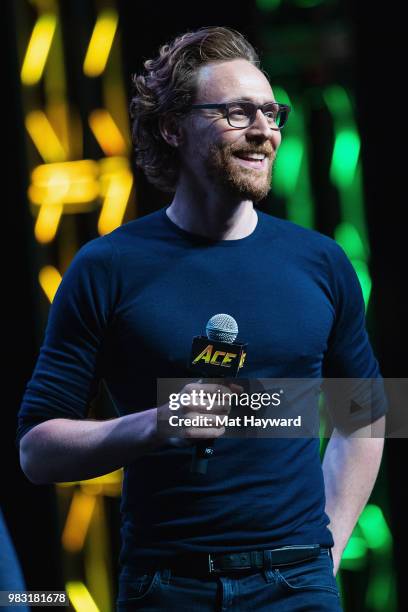 Actor Tom Hiddleston speaks on stage about life as Loki in the Marvel Universe during ACE Comic Con at WaMu Theatre on June 24, 2018 in Seattle,...