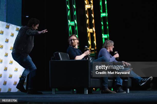 Tom Holland surprises Tom Hiddleston on stage during ACE Comic Con at WaMu Theatre on June 24, 2018 in Seattle, Washington.