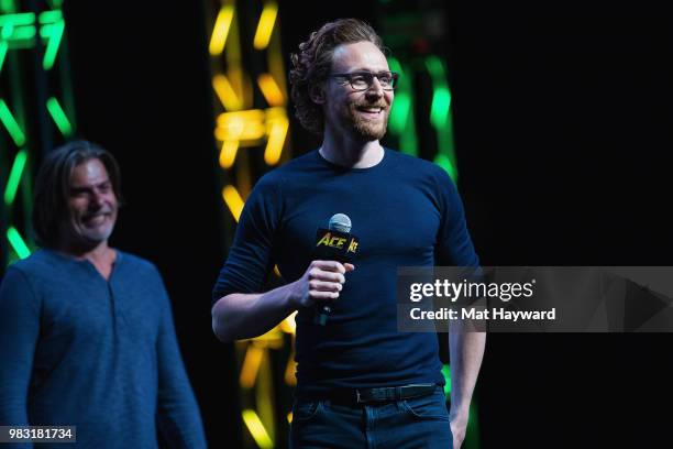 Actor Tom Hiddleston speaks on stage about life as Loki in the Marvel Universe during ACE Comic Con at WaMu Theatre on June 24, 2018 in Seattle,...