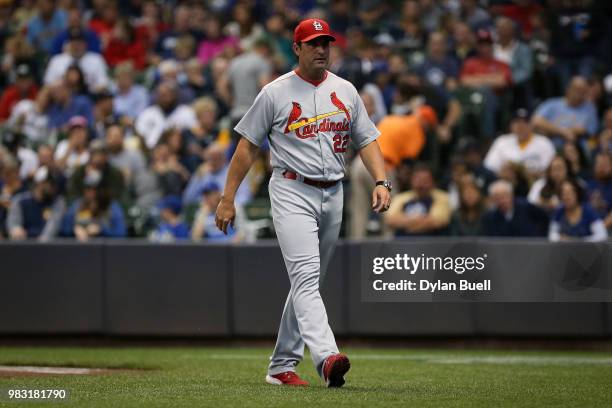 Manager Mike Matheny of the St. Louis Cardinals walks to the dugout in the first inning against the Milwaukee Brewers at Miller Park on June 22, 2018...