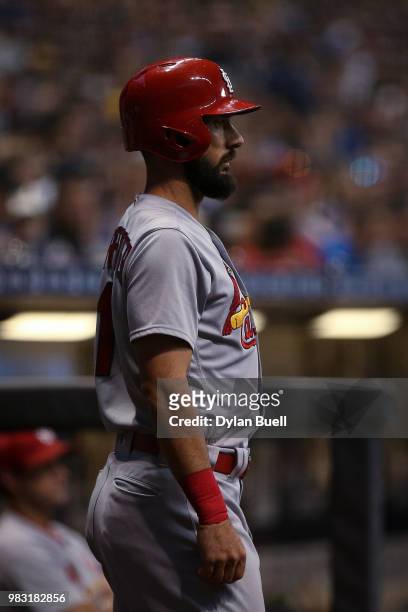 Matt Carpenter of the St. Louis Cardinals waits in the on-deck circle in the fourth inning against the Milwaukee Brewers at Miller Park on June 22,...