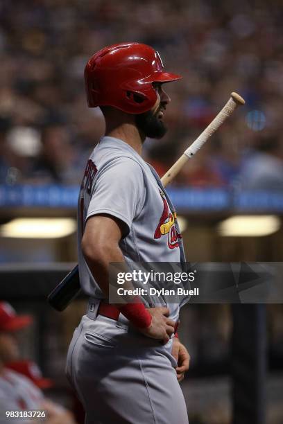 Matt Carpenter of the St. Louis Cardinals waits in the on-deck circle in the fourth inning against the Milwaukee Brewers at Miller Park on June 22,...
