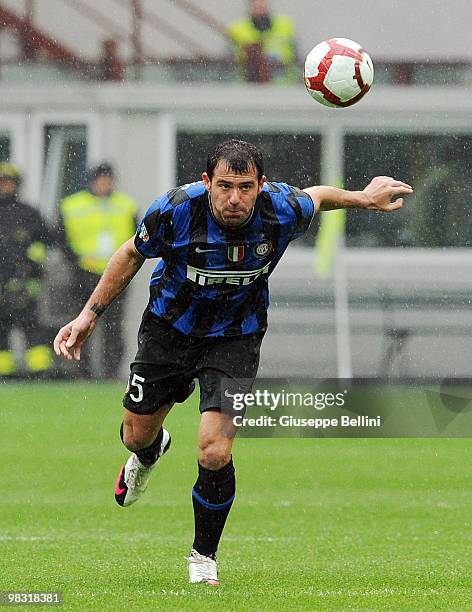 Dejan Stankovic of Inter in action during the Serie A match between FC Internazionale Milano and Bologna FC at Stadio Giuseppe Meazza on April 3,...