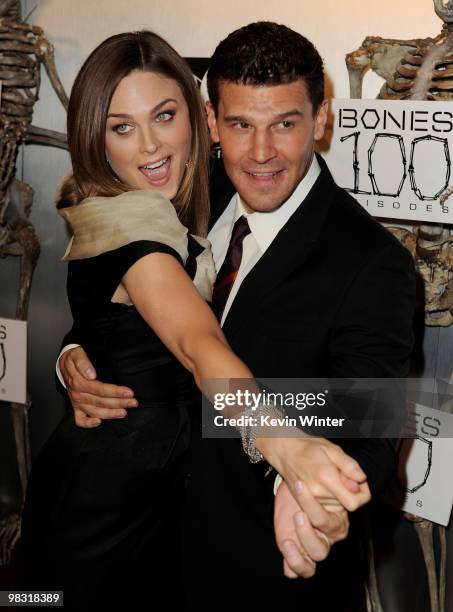 Actors Emily Deschanel and David Boreanaz arrive at Fox TV's celebration of "Bones" 100th episode at 650 North on April 7, 2010 in Los Angeles,...