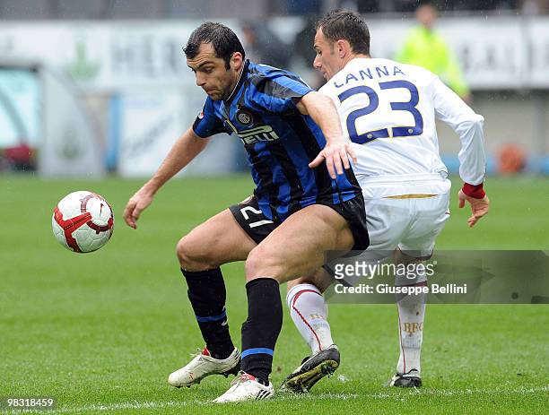 Goran Pandev of Inter and Salvatore Lanna of Bologna in action during the Serie A match between FC Internazionale Milano and Bologna FC at Stadio...