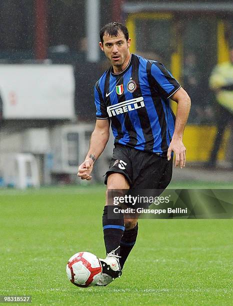 Dejan Stankovic of Inter in action during the Serie A match between FC Internazionale Milano and Bologna FC at Stadio Giuseppe Meazza on April 3,...