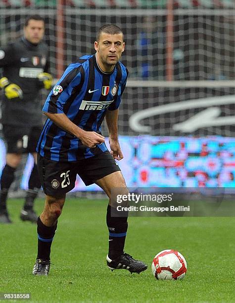 Walter Samuel of Inter in action during the Serie A match between FC Internazionale Milano and Bologna FC at Stadio Giuseppe Meazza on April 3, 2010...