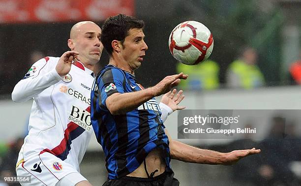 Roberto Guana of Bologna and Thiago Mottal of Inter in action during the Serie A match between FC Internazionale Milano and Bologna FC at Stadio...