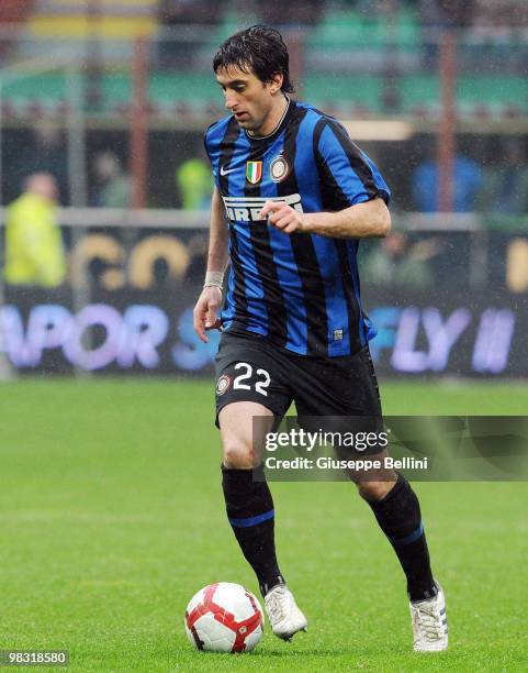 Diego Alberto Milito of Inter in action during the Serie A match between FC Internazionale Milano and Bologna FC at Stadio Giuseppe Meazza on April...