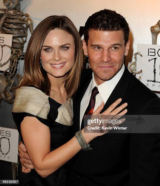 Actors Emily Deschanel and David Boreanaz arrive at Fox TV's celebration of "Bones" 100th episode at 650 North on April 7, 2010 in Los Angeles,...