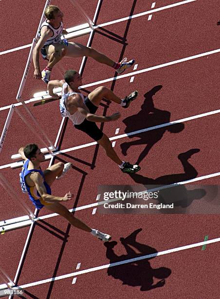 General view of the men's 110 metre Hurdles during the Decathlon competition at the Australian Track and Field Championships at ANZ Stadium in...