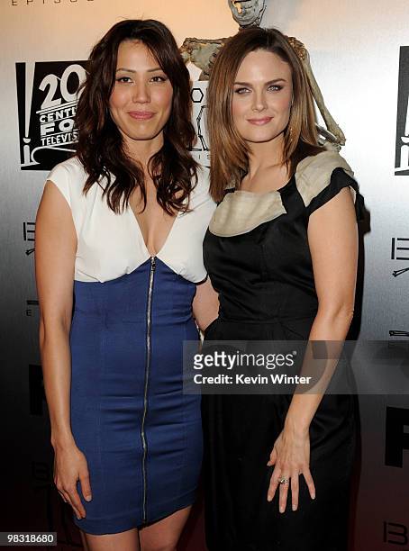 Actors Michaela Conlin and Emily Deschanel arrive at Fox TV's celebration of "Bones" 100th episode at 650 North on April 7, 2010 in Los Angeles,...