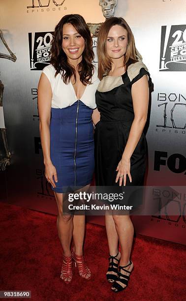 Actors Michaela Conlin and Emily Deschanel arrive at Fox TV's celebration of "Bones" 100th episode at 650 North on April 7, 2010 in Los Angeles,...