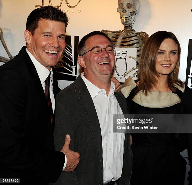 Actor David Boreanaz, creator/executive producer Hart Hanson and actress Emily Deschanel arrive at Fox TV's celebration of "Bones" 100th episode at...
