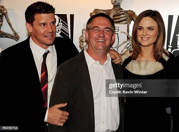 Actor David Boreanaz, creator/executive producer Hart Hanson and actress Emily Deschanel arrive at Fox TV's celebration of "Bones" 100th episode at...