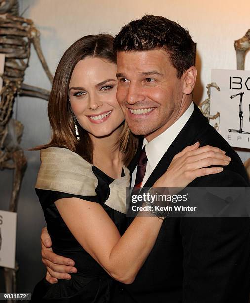 Actors Emily Deschanel and David Boreanaz arrive at Fox TV's celebration of "Bones" 100th episode at 650 North on April 7, 2010 in Los Angeles,...