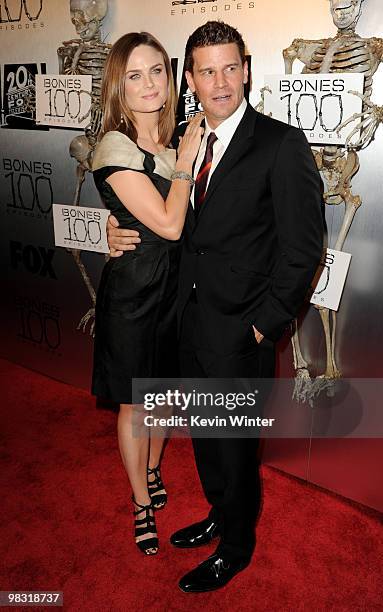 Actors Emily Deschanel and David Boreanaz arrive at Fox TV's celebration of "Bones" 100th episode at 650 North on April 7, 2010 in Los Angeles,...