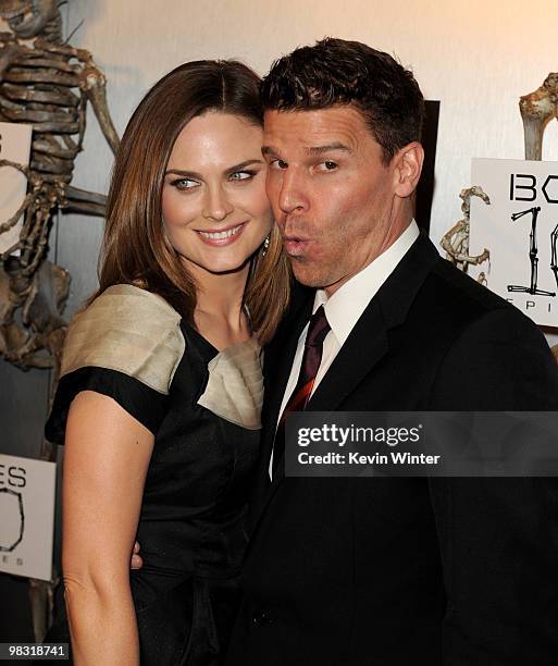 Actors Emily Deschanel and David Boreanaz arrive at Fox TV's celebration of "Bones" 100th episode at 650 North on April 7, 2010 in Los Angeles,...