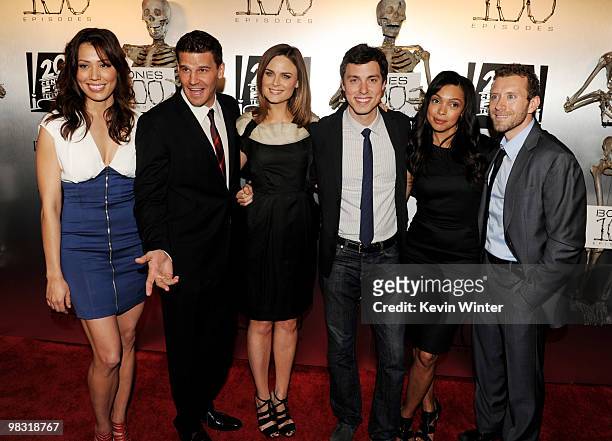 Actors Michaela Conlin, David Boreanaz, Emily Deschanel, John Francis Daley, Tamara Taylor and TJ Thyne arrive at Fox TV's celebration of "Bones"...