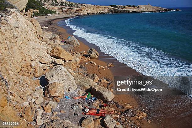 Akra beach with Kap Furni near Monolithos on July 16, 2009 in Rhodes, Greece. Rhodes is the largest of the Greek Dodecanes Islands.