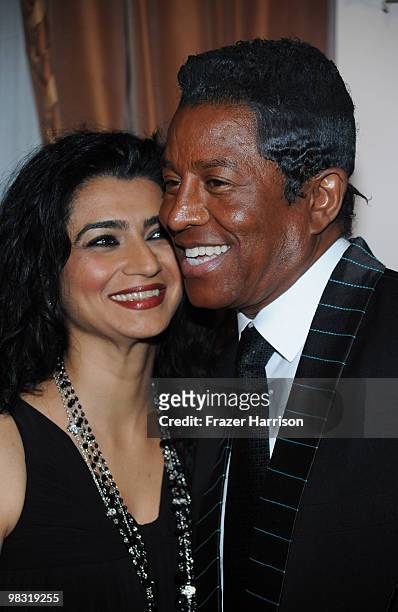 Musician Jermaine Jackson, and Halima Rashid attends the Launch Party and fashion show for designer Chris Aire's "Hollywood Glamour Collection" at...