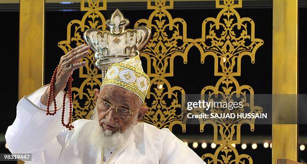 Dawood Bohra spiritual leader Syedna Mohammed Burhanuddin gestures as he speaks to community members on the occasion of his 99th Birthday in Mumbai...