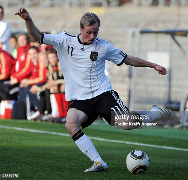 Maximilian Beister of Germany in action during the U20 international friendly match between Germany and Italy at the Millerntor Stadium on April 7,...