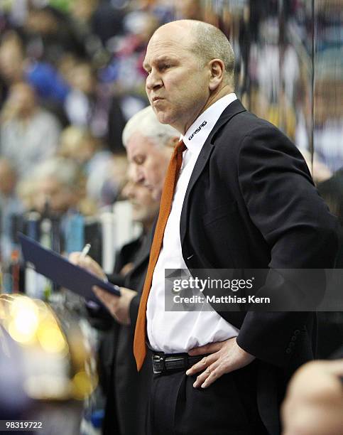 Head coach Don Jackson of Berlin looks on during the fifth DEL quarter final play-off game between Eisbaeren Berlin and Augsburger Panther at O2...