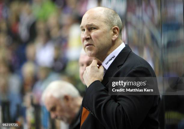 Head coach Don Jackson of Berlin looks on during the fifth DEL quarter final play-off game between Eisbaeren Berlin and Augsburger Panther at O2...