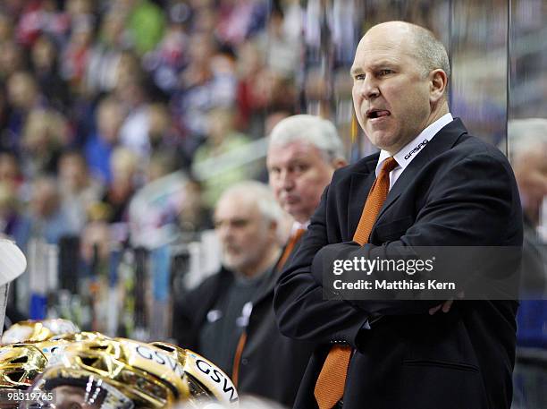 Head coach Don Jackson of Berlin looks on during the fifth DEL quarter final play-off game between Eisbaeren Berlin and Augsburger Panther at O2...