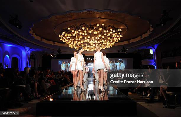 Models on the runway at the Launch Party and fashion show for designer Chris Aire's "Hollywood Glamour Collection" at the Beverly Hills Hotel on...